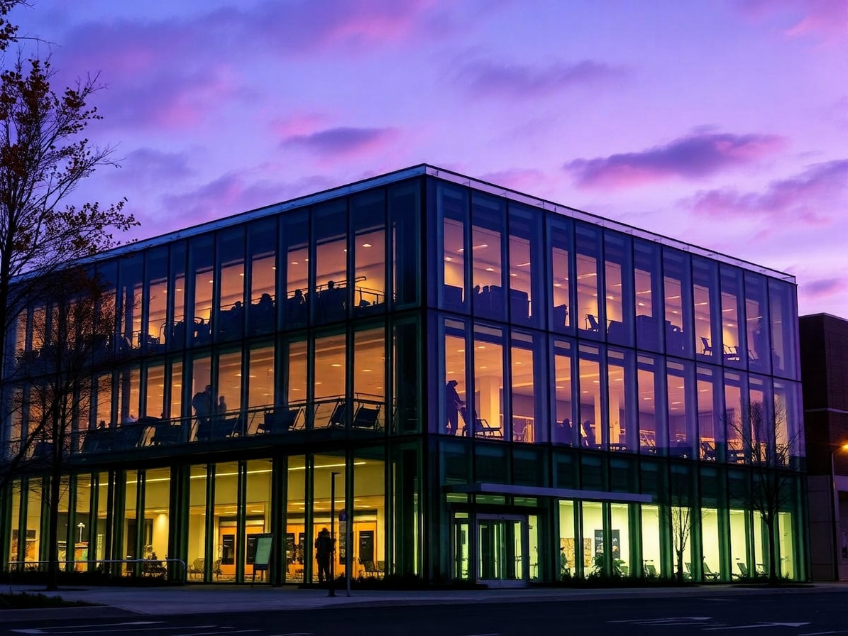 Commercial electrical service in Sioux Falls — modern commercial building lit at twilight by Action Electric Company