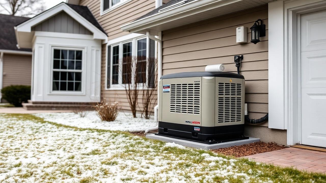 Whole-home standby generator installed beside a residential home in late winter