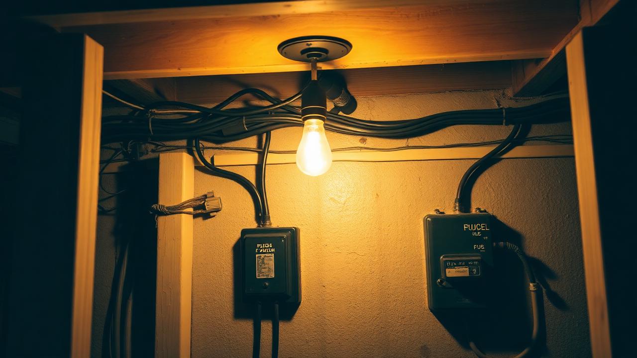 Basement in an older Sioux Falls home with vintage knob-and-tube wiring and a fuse box