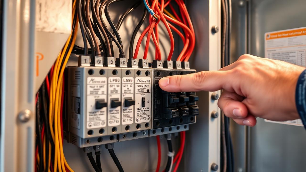 Open residential electrical panel with labeled breakers and a Sioux Falls electrician checking a circuit